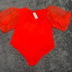 Red puffy sleeve bodysuit